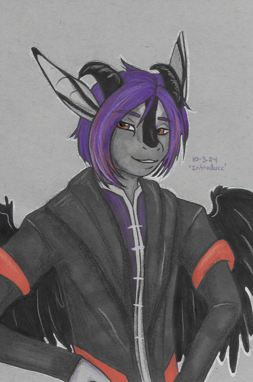 OC-tober art of Aether with the prompt Introduce. Since he's the leader of my little jester group, and I imagine he'd do all the introducing.