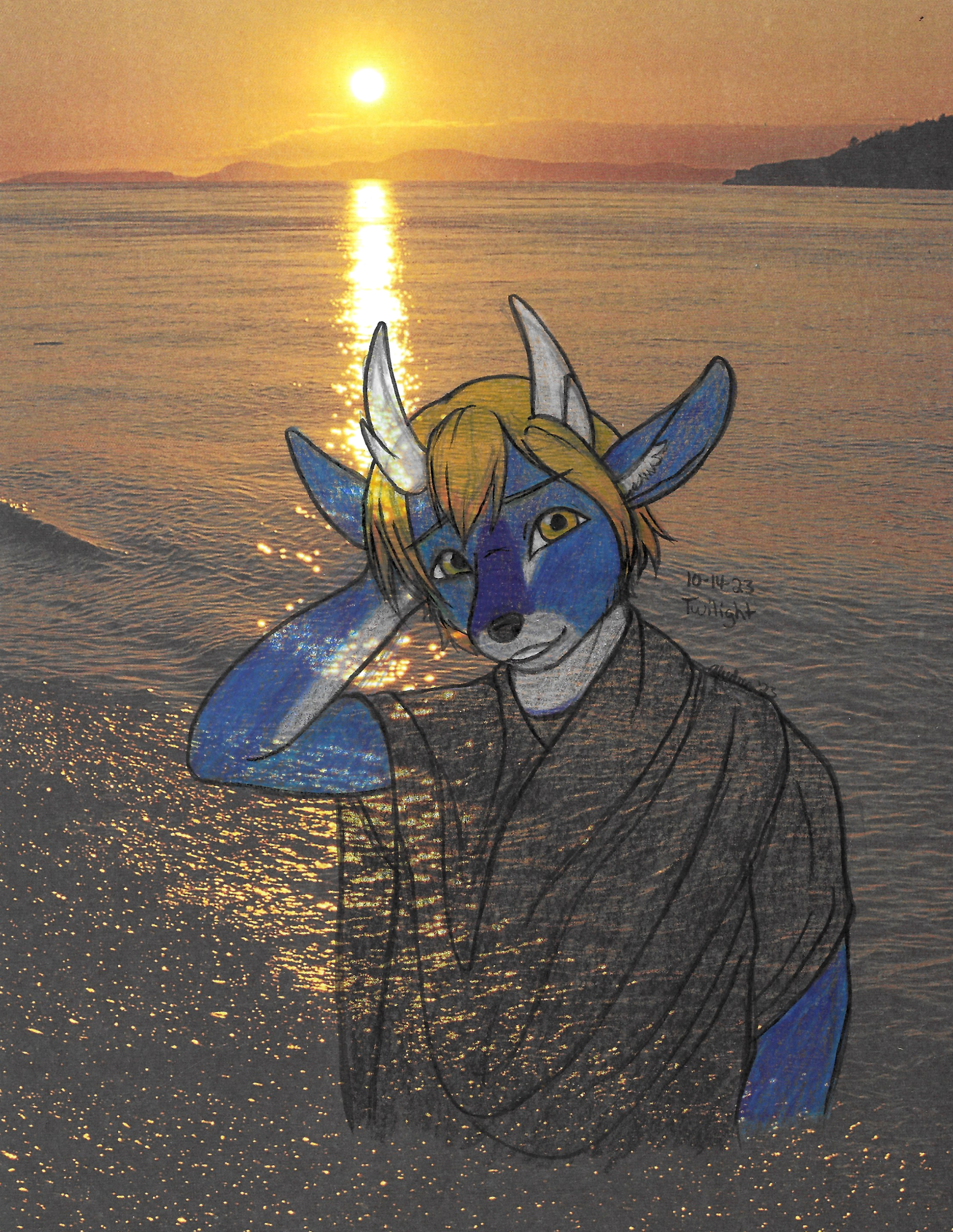 OC-tober art of Aiden with the prompt Twilight. Considering his color scheme is based off dusk and twilight hours, of course I'd pick him for this prompt. Though I didn't quite do him justice and he's a little hard to see on the scrapbook paper background. Oh well.