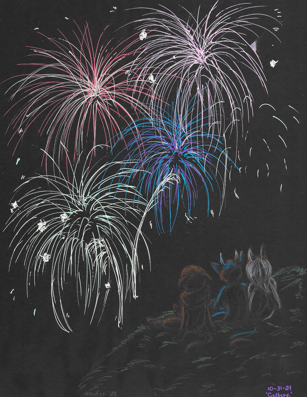 OC-tober art of Aiden and friends with the prompt Culture. My underworld group likes celebrating different cultures and festivals, and I always imagine them gathering to watch fireworks, no matter where they are in the world.