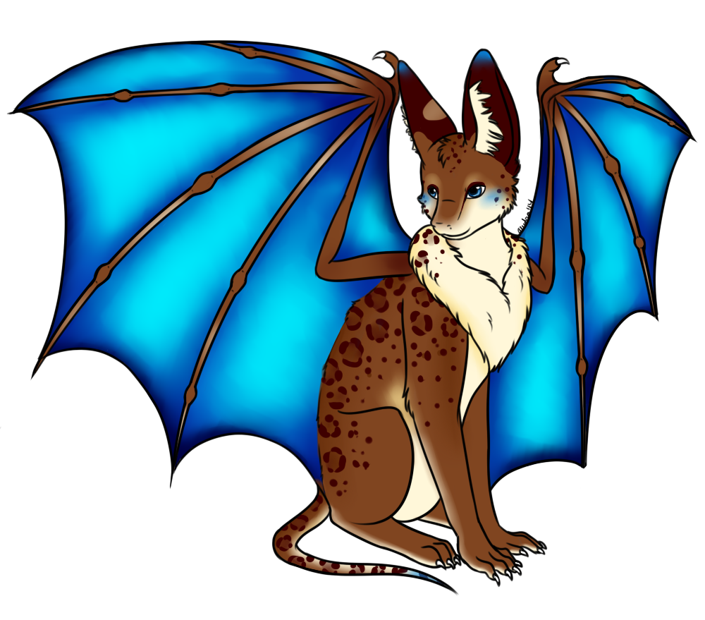 My original idea for Amarante, a griffin-like creature based more on a bat than a bird. Her wings are reminiscent of a blue morpho butterfly.