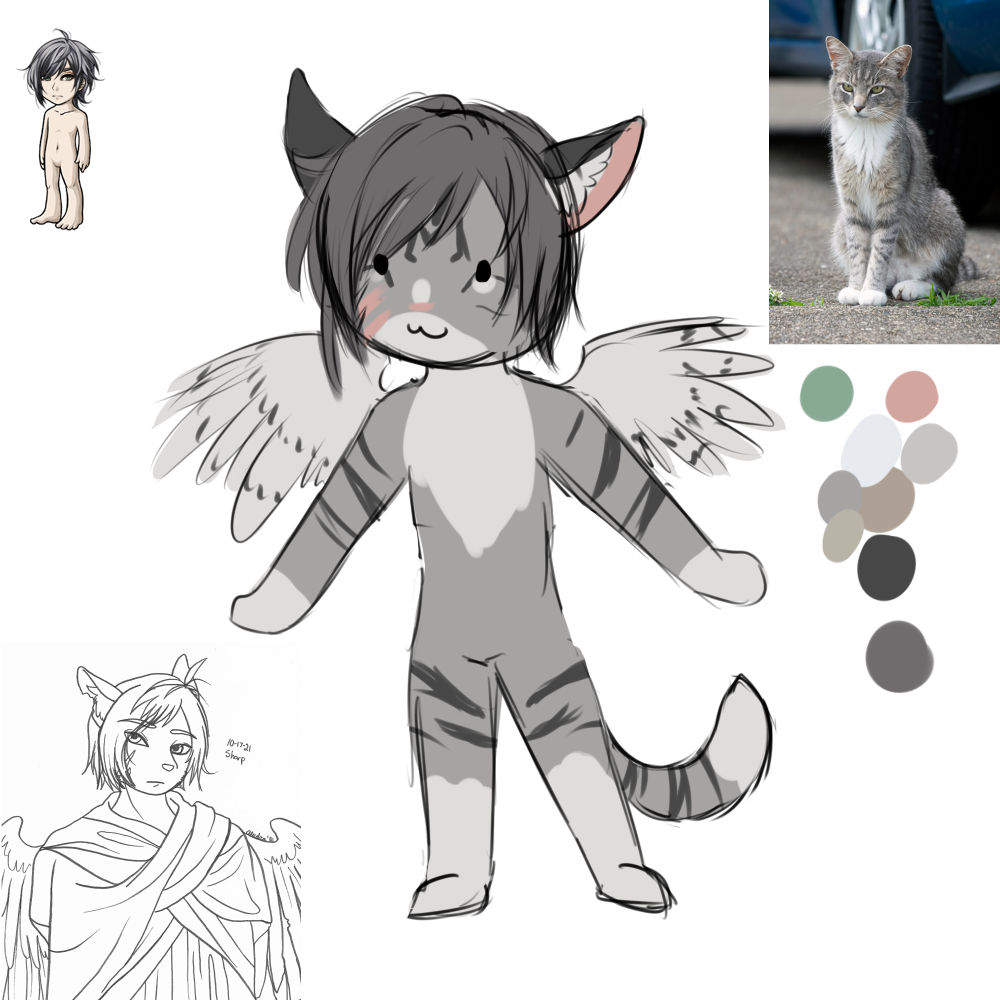 Color concept art of Arrow, inspired by silver tabby alley cats. I really wanted him to have a drab color palette, though still appealing in it's own way.