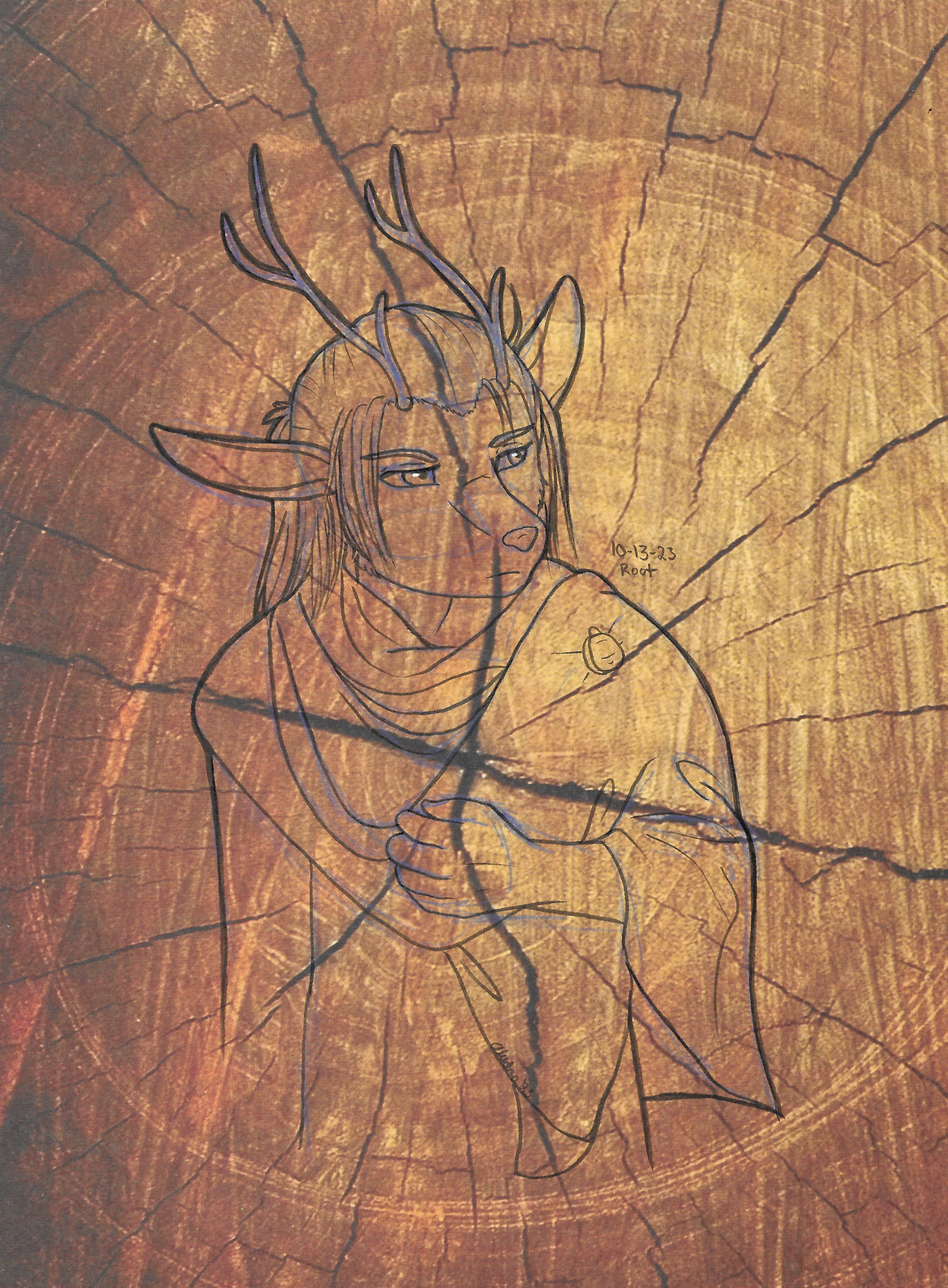 OC-tober art of Axis with the prompt Root. Drawn on some tree stump scrapbook paper to further emphasize the connection to the prompt.