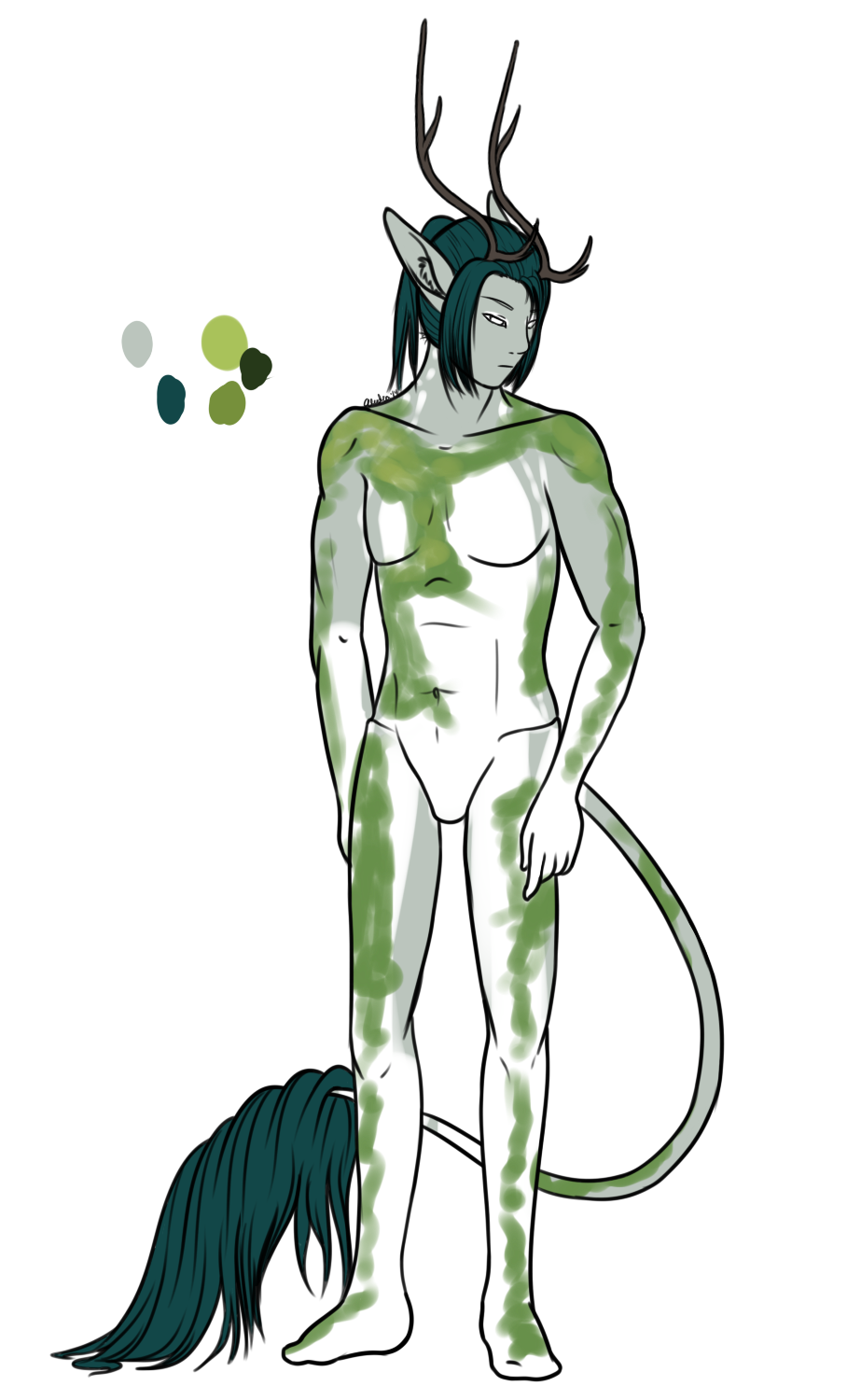 Content Warning: Non-sexual Nudity. Axis was originally meant to represent a statue covered in moss, undisturbed for decades. Since he's an earth elemental that leans toward the rock and ground side, I imagine him being muscular and hardy.