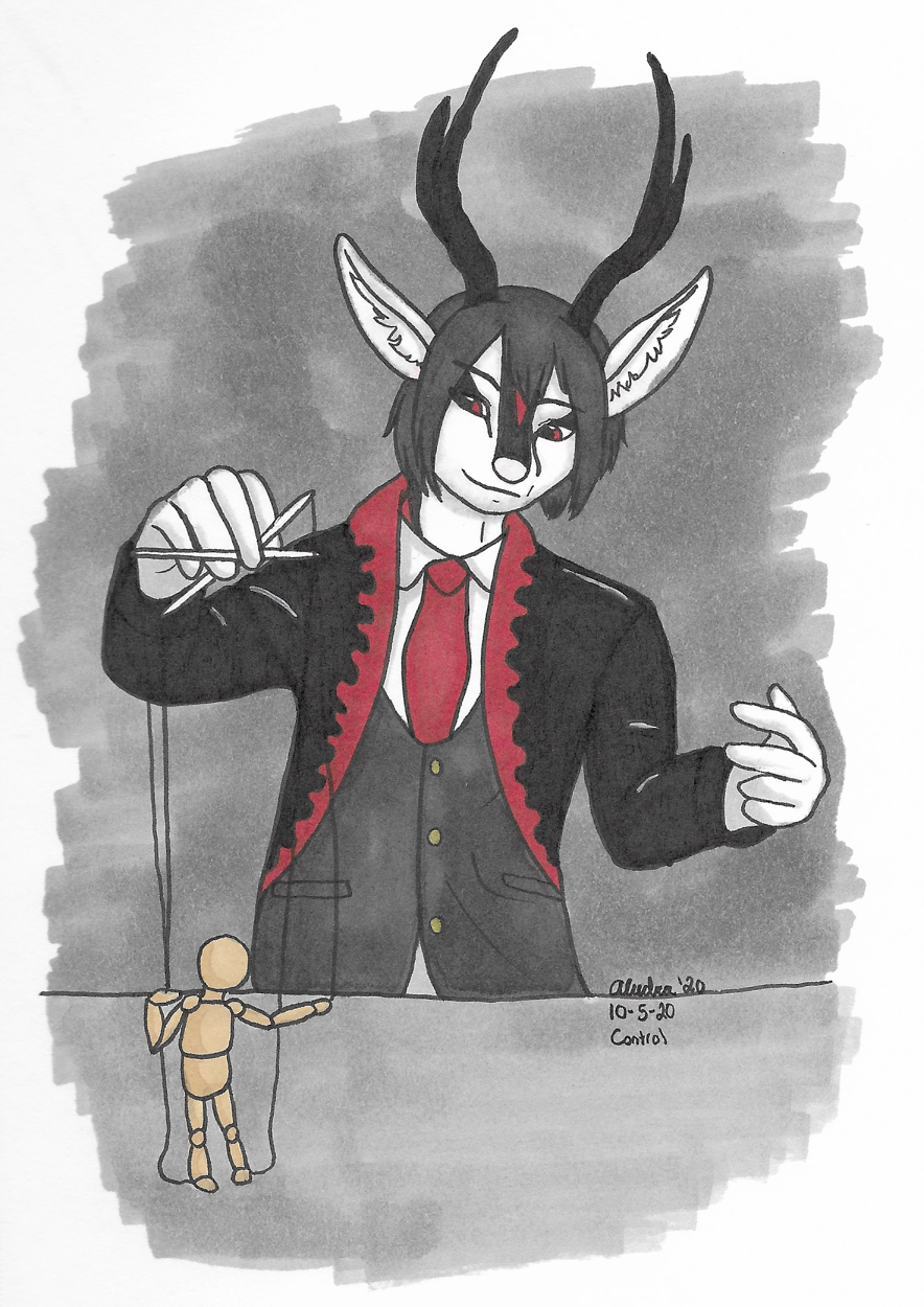 OC-tober art of Beat with the prompt Control. His whole theme is strings; instruments, playing on heart strings, controlling people like puppets.
