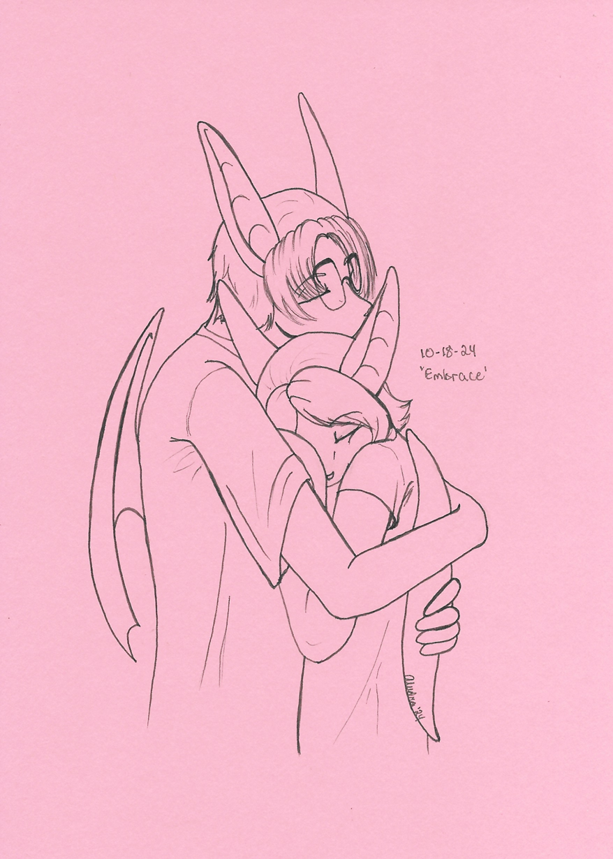 OC-tober art of Bijou and Todd with the prompt Embrace. These two are such dorky cuddlebugs, so they were first to come to mind for a couples prompt.