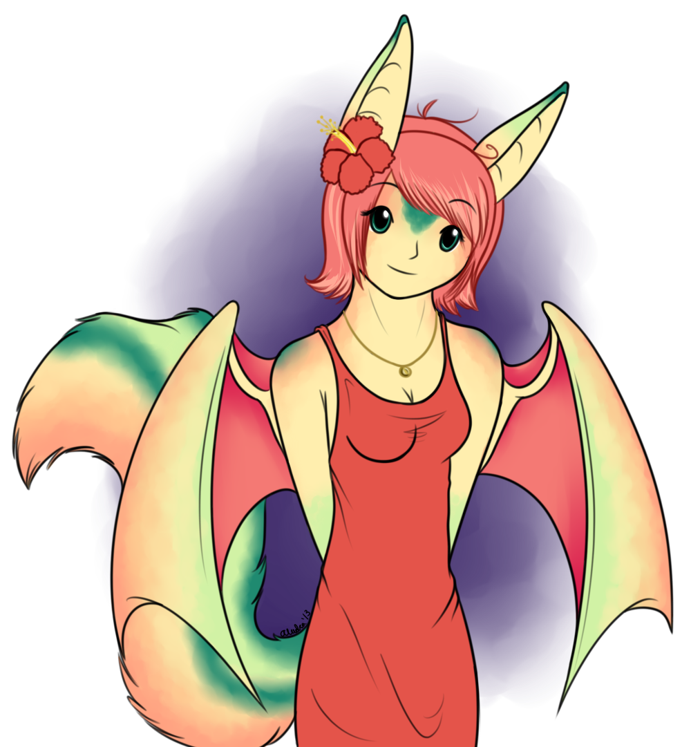 My first ever concept and art of Bijou. I love how red clothing looks on her, and her markings are made with an edited watercolor brush.