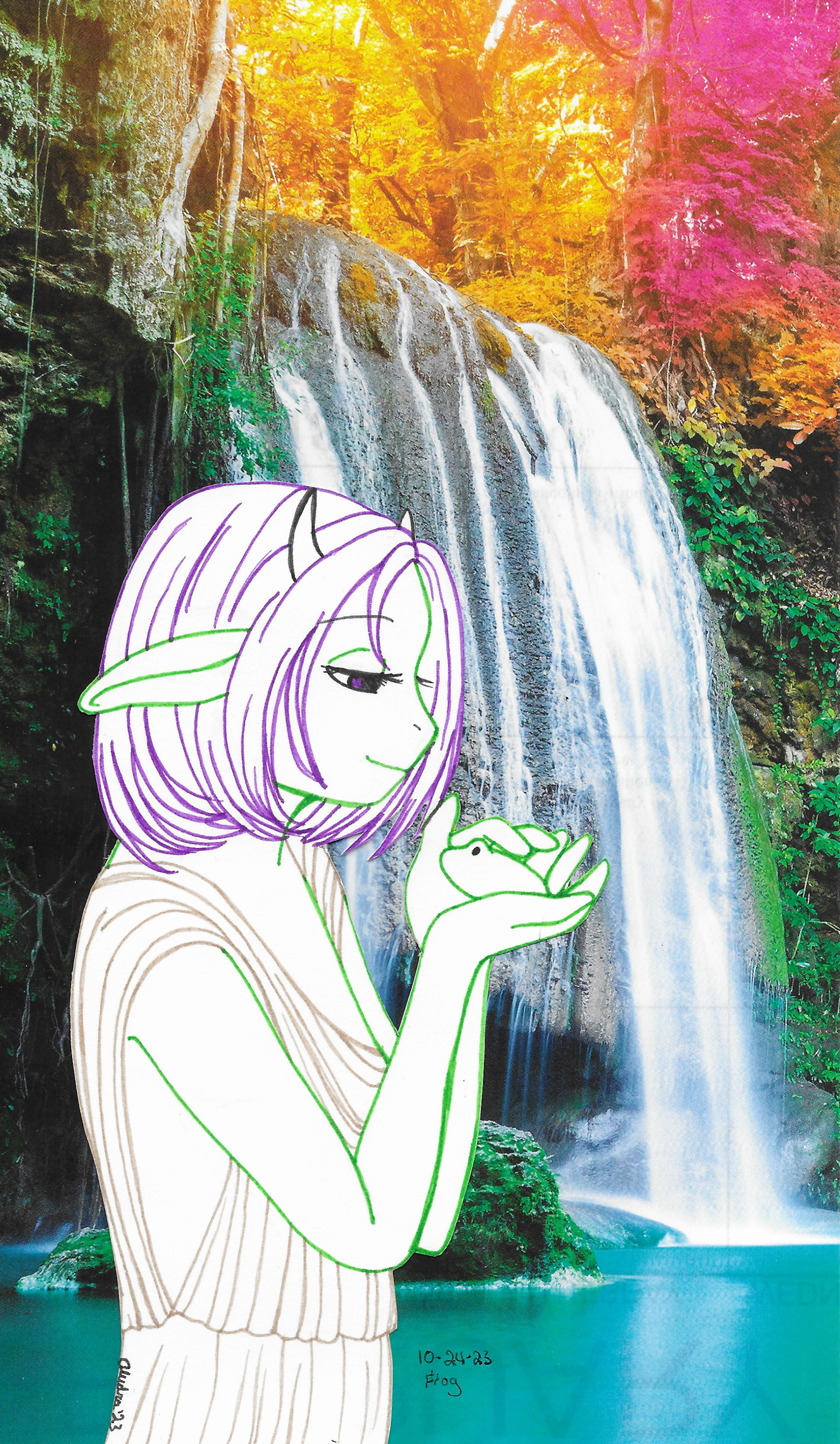 OC-tober art of Calluna, with the prompt Frog. With her being a pond goddess, I imagine she'd be fascinated with frogs.