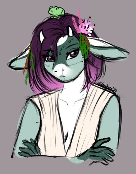 More concepts for Calluna, with the common scowl she wears. Love her big ears, and the frog doodle is what started her affinity for them.