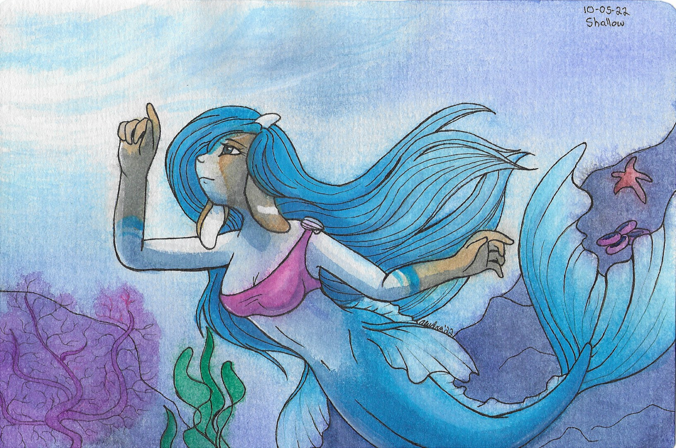 OC-tober art of Cerulean, with the prompt Shallow. A mermaid in shallow waters. Got to use watercolor on this one for added symbolism.