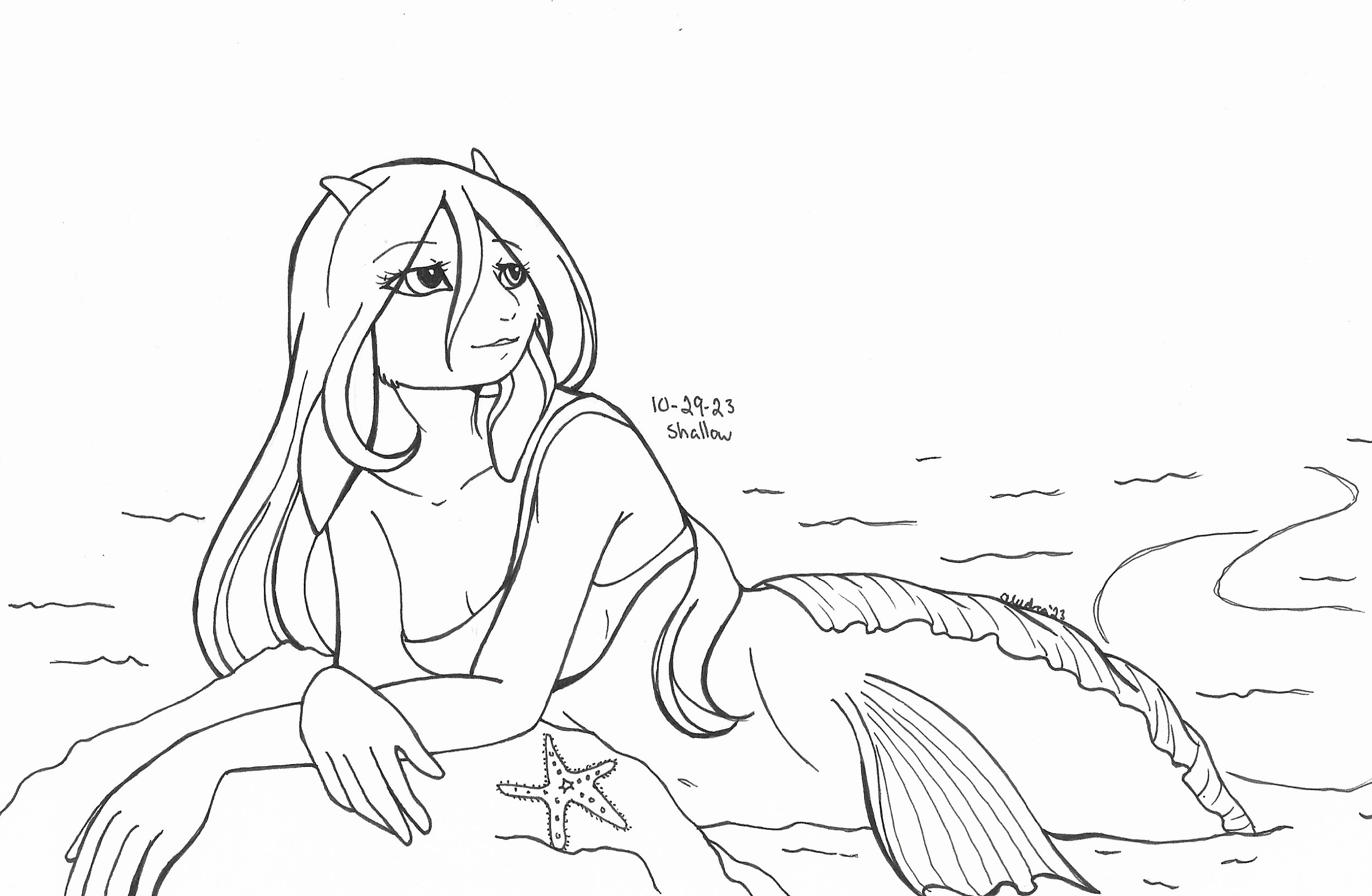 OC-tober art of Cerulean, with the prompt Shallow. Somehow got the same word two years in a row, and she's still what came to mind first. Still in the shallows, perched on a rock.