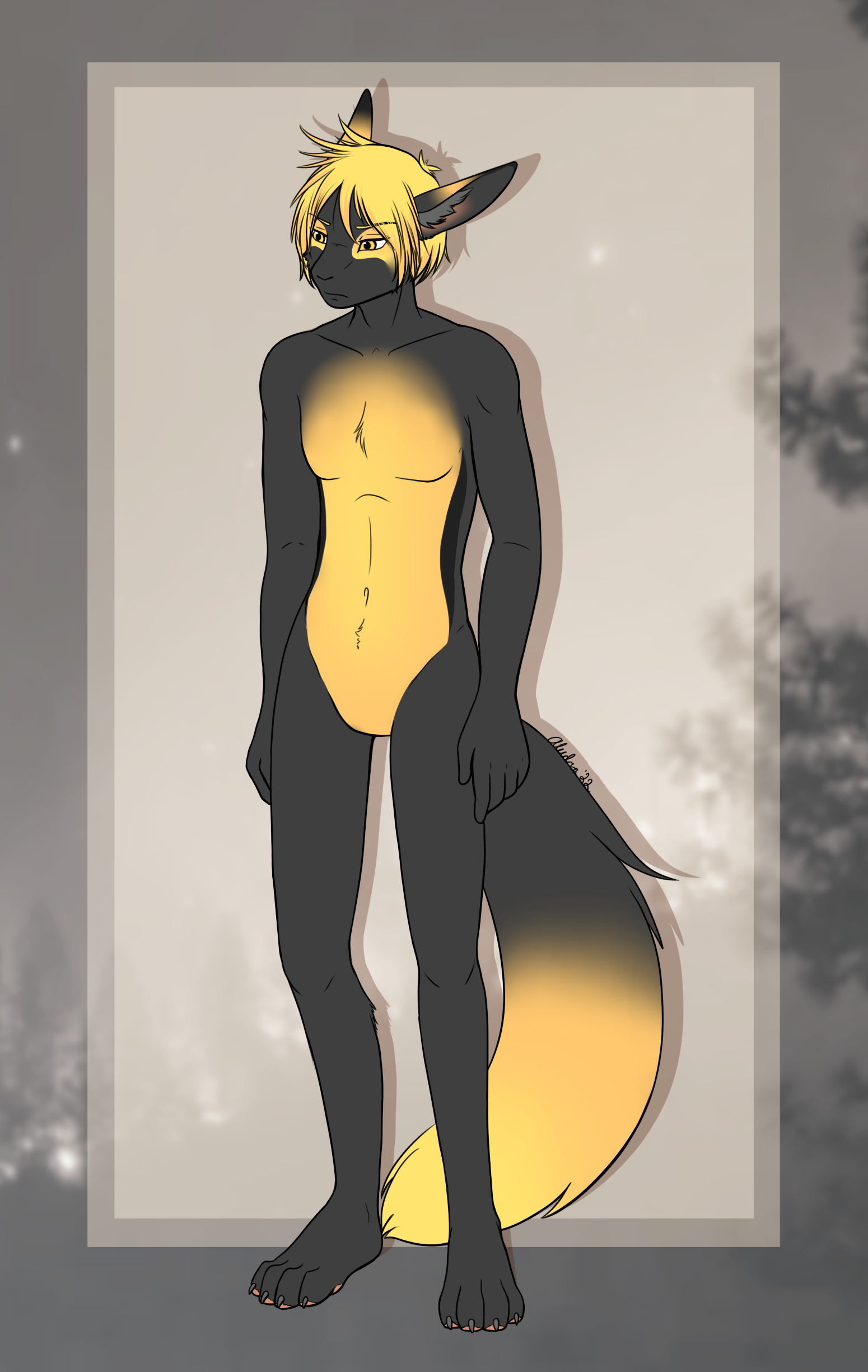 Content Warning: Nudity. A reference for Clintz, showing off his fullbody color scheme. <br>He has a slouched posture and slightly defined muscles, which are normally hidden by clothing.