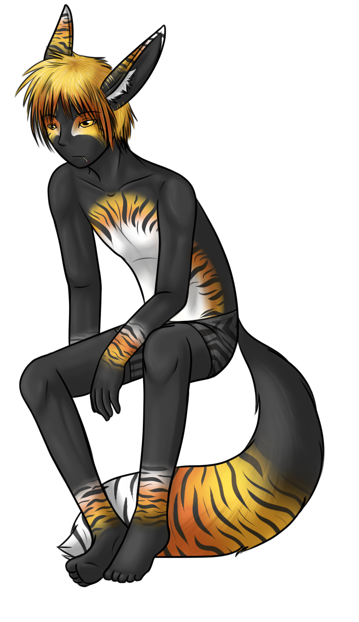 Was experimenting with Clintz's markings, and tamed his hair. The markings didn't<br>stick around for long, but they always reminded me of candy corn.<br>I was also unsure of my furry style at the time, so he has a human nose.