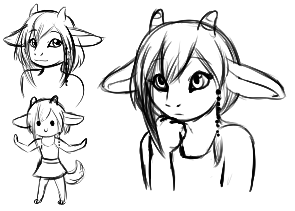 My first sketches of Clover. It was an attempt to get the right feel for her hair, where her little horns would be placed, and how floppy her ears would look on her.