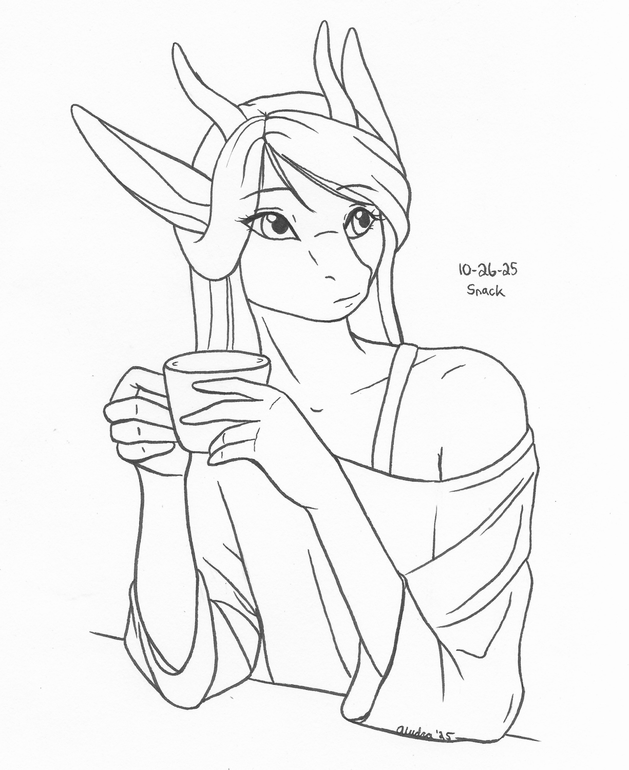 OC-tober art of Crimson, with the prompt Snack. Crimson's sitting in a specific cafe, enjoying a coffee and waiting for her snack, while subtly trying to look like a snack. Proud of how this one came out despite the simplicity.