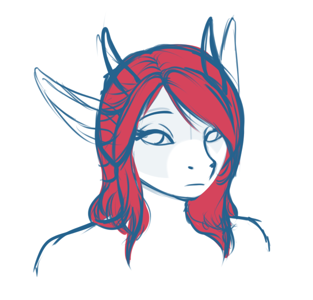 A quick unfinished sketch of Crim which was kinda like the thumbnail sketch for a different drawing. I was trying to see how her hair style would incorporate with her horns and ears.