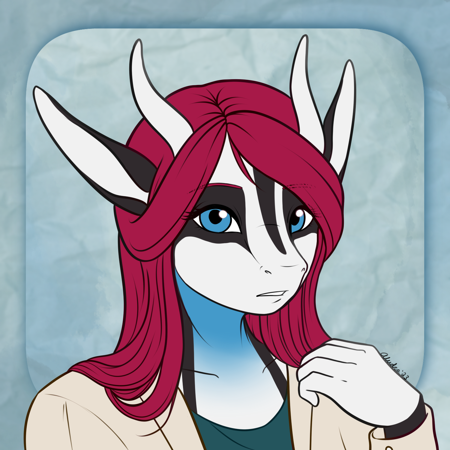 An unshaded headshot of Crimson, which I use for an art reference to see her colors.