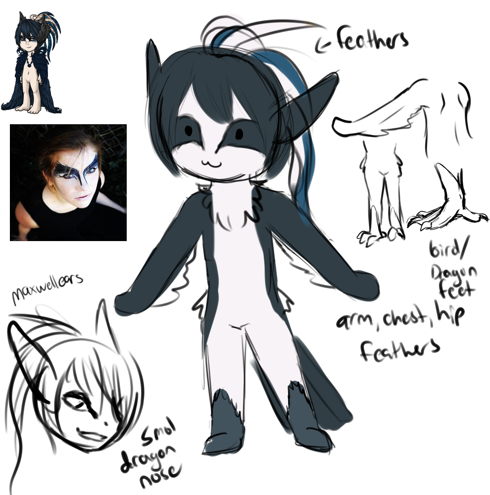 Testing out concept art for Crow. I've had him for so many years with a specific design in mind, but bird beaks didn't fit my style. I ended up turning him into a dragon heavily designed around the corvid species.
