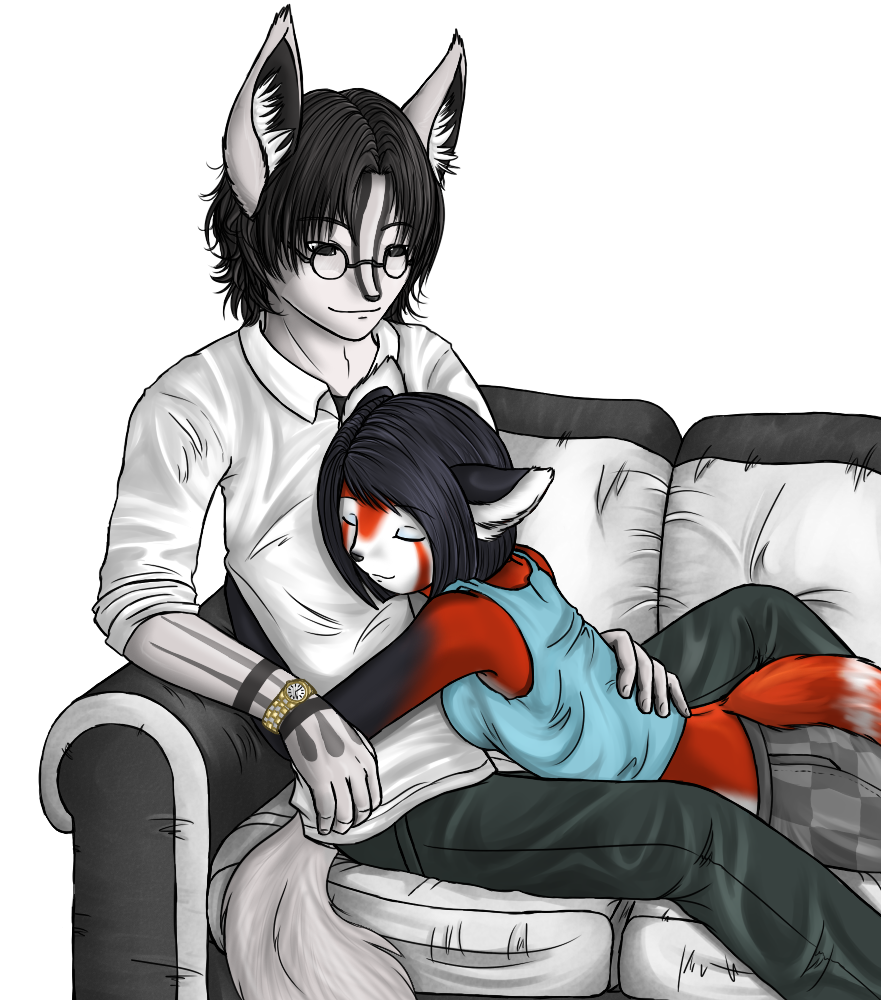 Deck and her first ex via roleplay. She was smitten with him. I liked how much Deck stands out to the monochrome colors. Also really happy with the couch at the time.