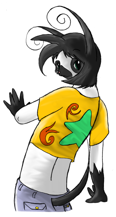 Dee doing a little spin in a midriff shirt, back when I tried making her gelert ears SUPER curly.