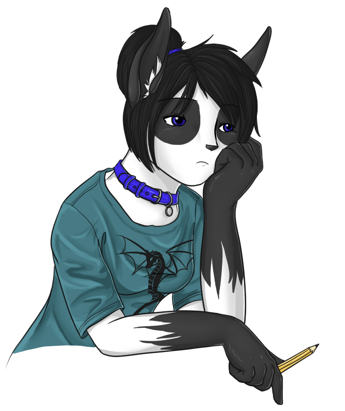 Dee in a state of boredom. This was during an era where I was not sure if I should draw humans or anthros, so she lacks a muzzle. At least the shading on the shirt is nice.