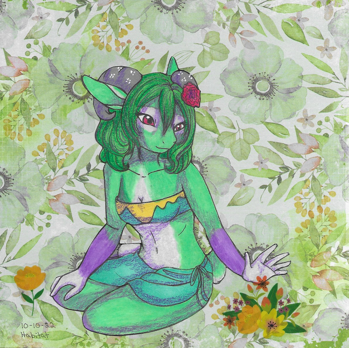 OC-tober art of Dia, with the prompt Habitat. She goes so well with all of my floral scrapbook paper and stickers.