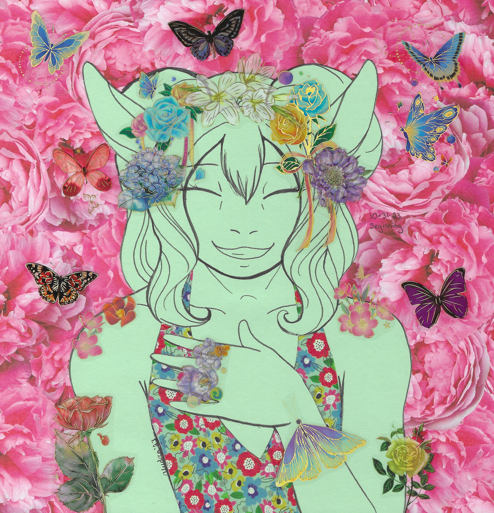 OC-tober art of Dia, with the prompt Beginning. New sprouts, new growth, springtime, flowers in bloom, of course Dia would fit the prompt. Happy that I got to use more floral stickers for her.