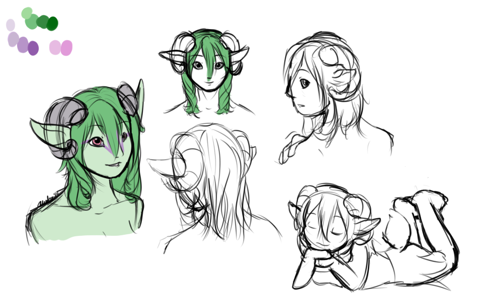 The first concepts of Dia, getting a feel for her front hair curls, her sheep horns, and how short her hair is in the back.