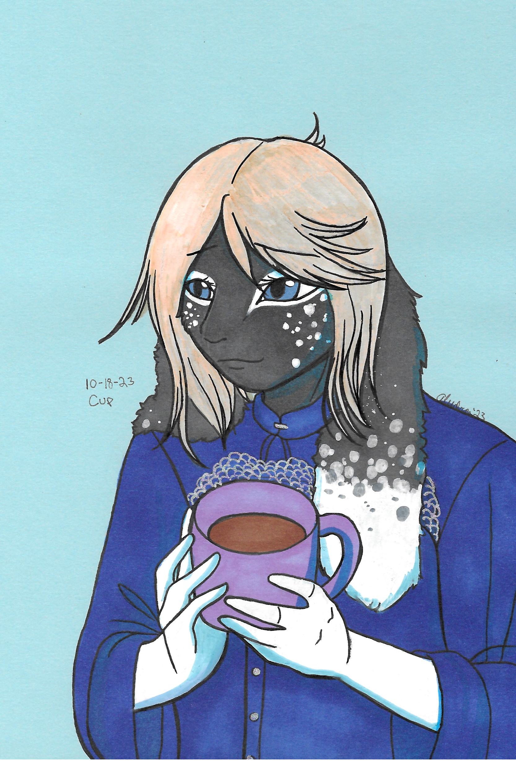 OC-tober art of Emcee, with the prompt Cup. Accidently made the cup the size of a bucket heh. But a nice cup of tea is fitting for a day off.