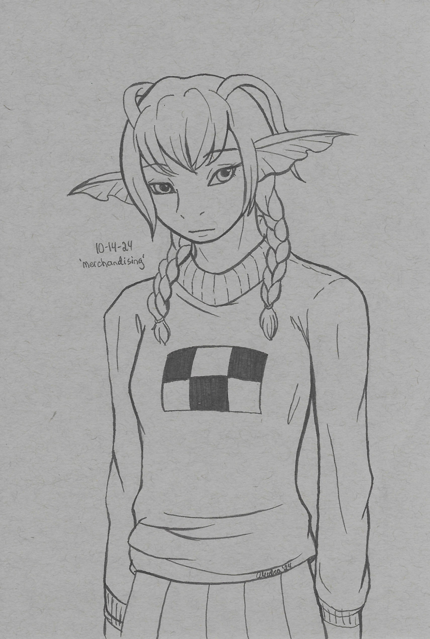 OC-tober art of Emi, with the prompt Merchandising. Wow what a weird word for a prompt. But since Emi's group makes and sells cosplay outfits, I picked her for it. Got her looking all grumpy for a Madotsuki from Yume Nikki cosplay.