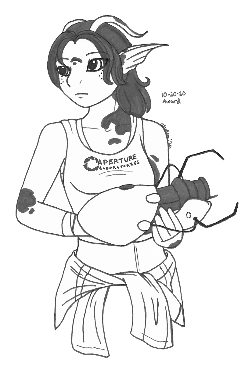 OC-tober art of Emi, with the prompt Award. Cosplay contests give out little awards, so this is what made me think to draw Emi. She's in a Portal cosplay, Chell specifically. I imagine Val made that portal gun function in some fashion too.