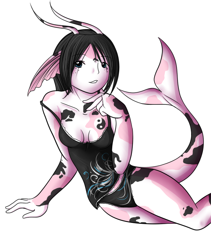 A more tempting drawing of Emi, lacking glasses and showing off the yin yang spot on her chest, an attribute that did not progress to future designs.