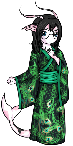 A chibi of Emi in a peacock inspired kimono.