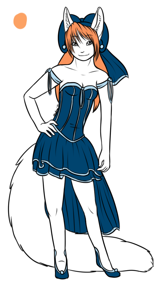 An unfinished fullbody concept of Enigma in a little performer outfit.