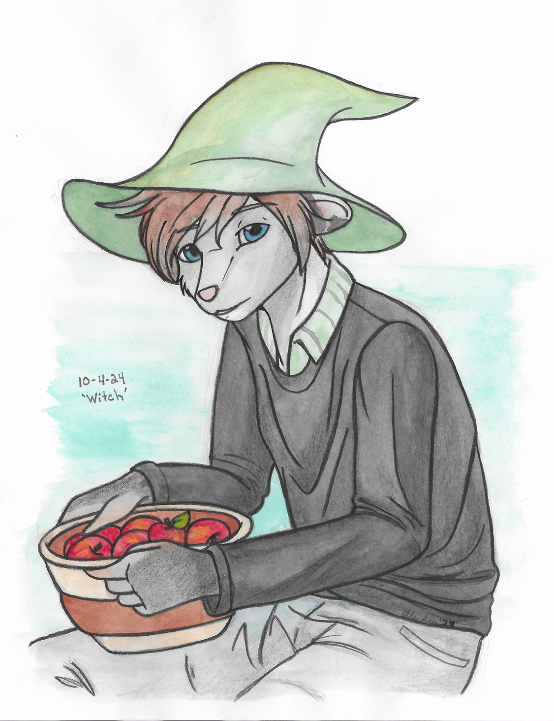 OC-tober art of Evander, with the prompt Witch. His faded color scheme allowed for me to mess around with watercolors. Since he's the first farmer in my witch area that I created, he was also first to come to mind.