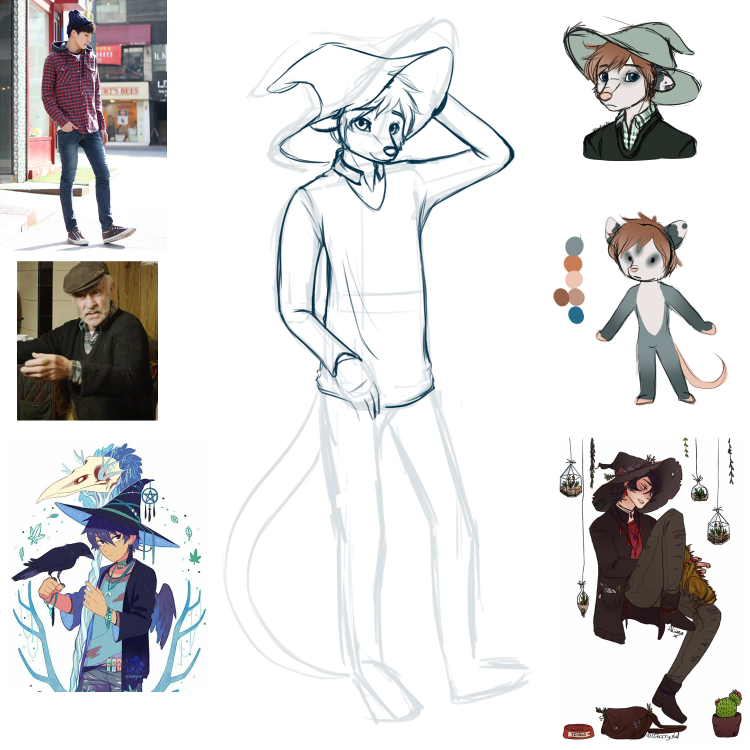 An unfinished sketch of Evander, bordered with references and inspiration.