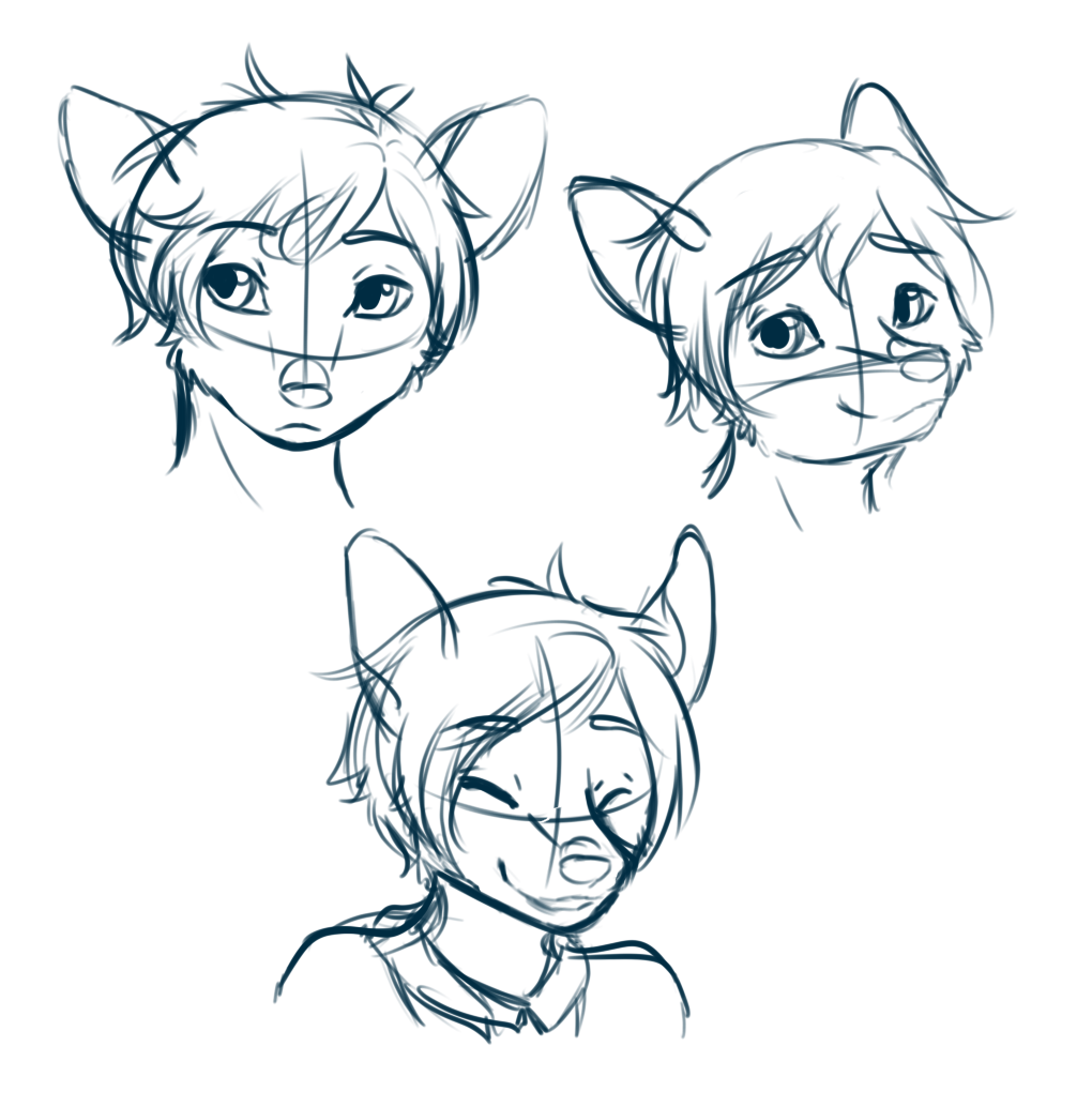 A few facial expression sketches for Evander without his hat to allow his ears to move. Oppossum muzzles were new to me, and I wanted to get a better feel for them.