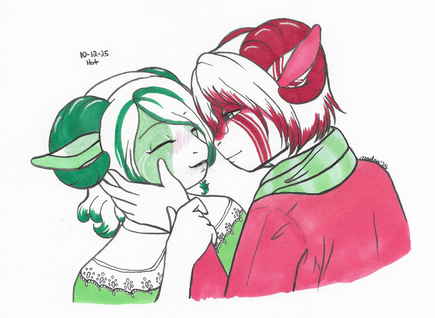 OC-tober art of Cain and Everest, with the prompt Hot. Cain can control his body temperature, and I imagine Everest gets comforting, warm cheek touches from him from time to time. Bet he makes for a great heating pad.