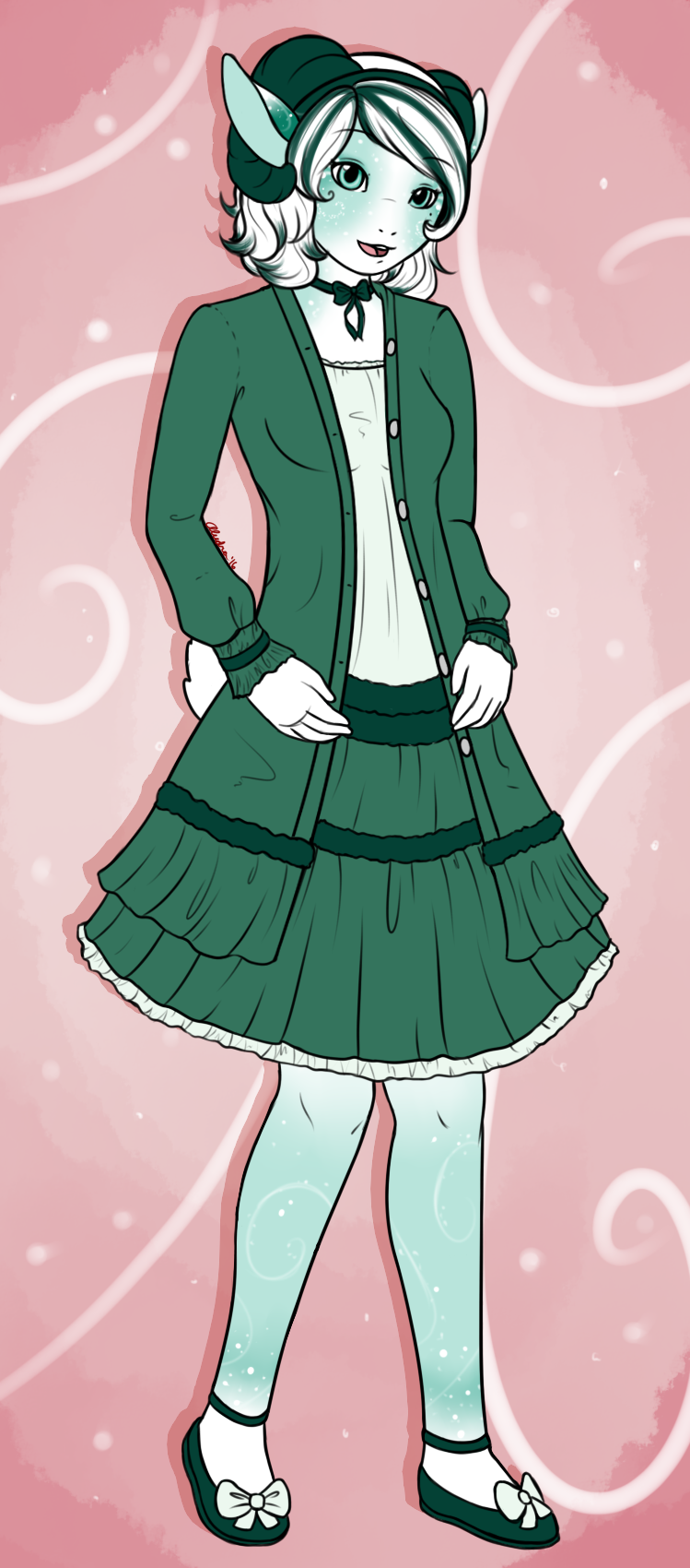 A fullbody drawing of Everest, showing off her affinity for cute ruffly attire.