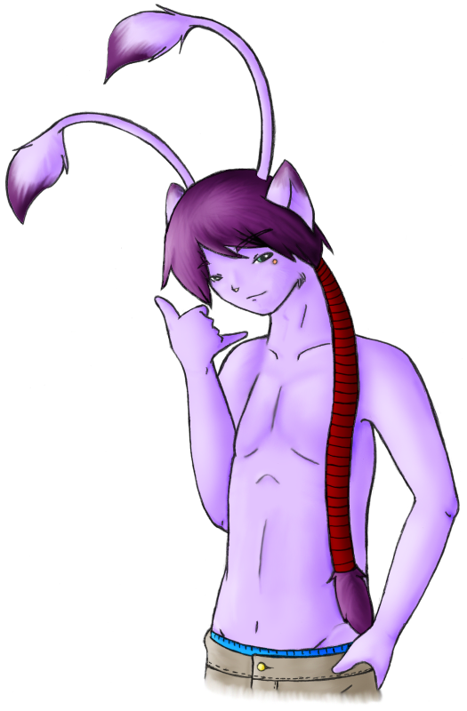More old art of Fuse, displaying his super long wrapped hair, with a hand sign that was meant to say 'call me'.