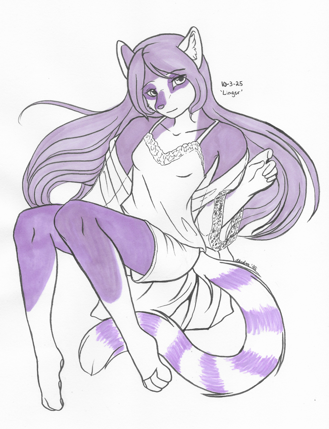 OC-tober art of Ghost with the prompt Linger. Floating, lingering, lazing about. She definitely fit this prompt, and I got to doodle her in a weightless pose.