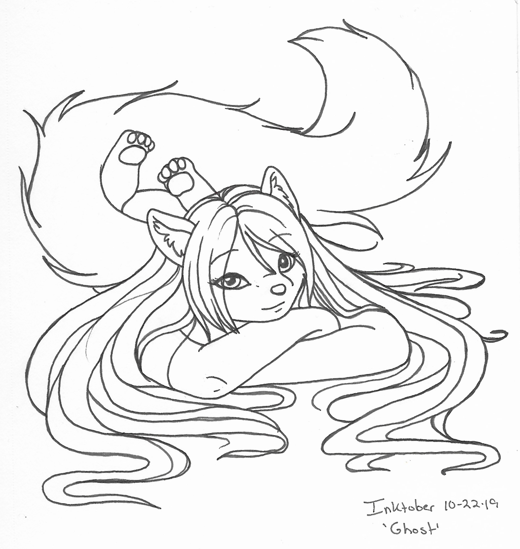 OC-tober art of Ghost, with the prompt uh, Ghost. It's fun whenever a character name pops up for a prompt. Got her hair spread out everywhere.