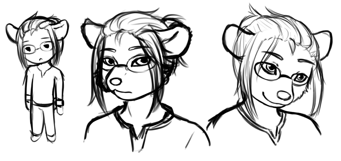 Some concept sketches for Grant that didn't make it very far. His hair was odd to draw, and he looked way too young. The miserable chibi is delightful though.