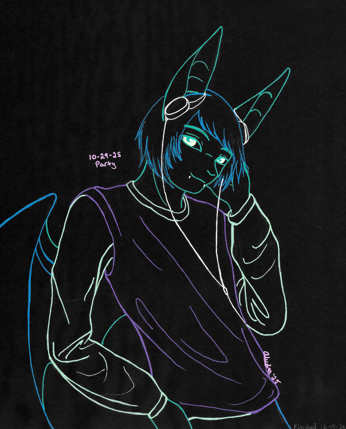 OC-tober art of Grid, with the prompt Party. One of my few characters who would fit in at a party. To fit this, I got to sketch him on some black paper and use neon gel pens which was heckin' fun.