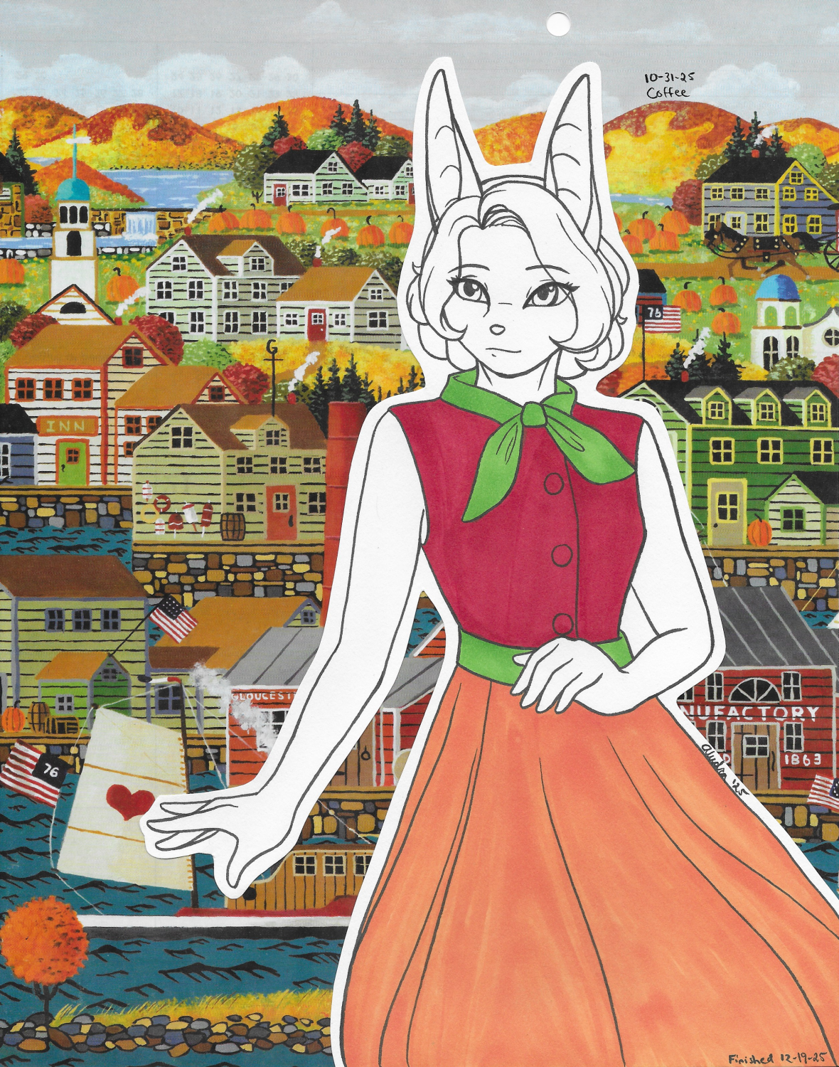 OC-tober art of Hazyl, with the prompt Coffee. I wanted to do another washi tape dress for her, but ended up simply coloring the dress in with an autumn palette. Also got to paste the drawing onto a matching image from an old calendar.