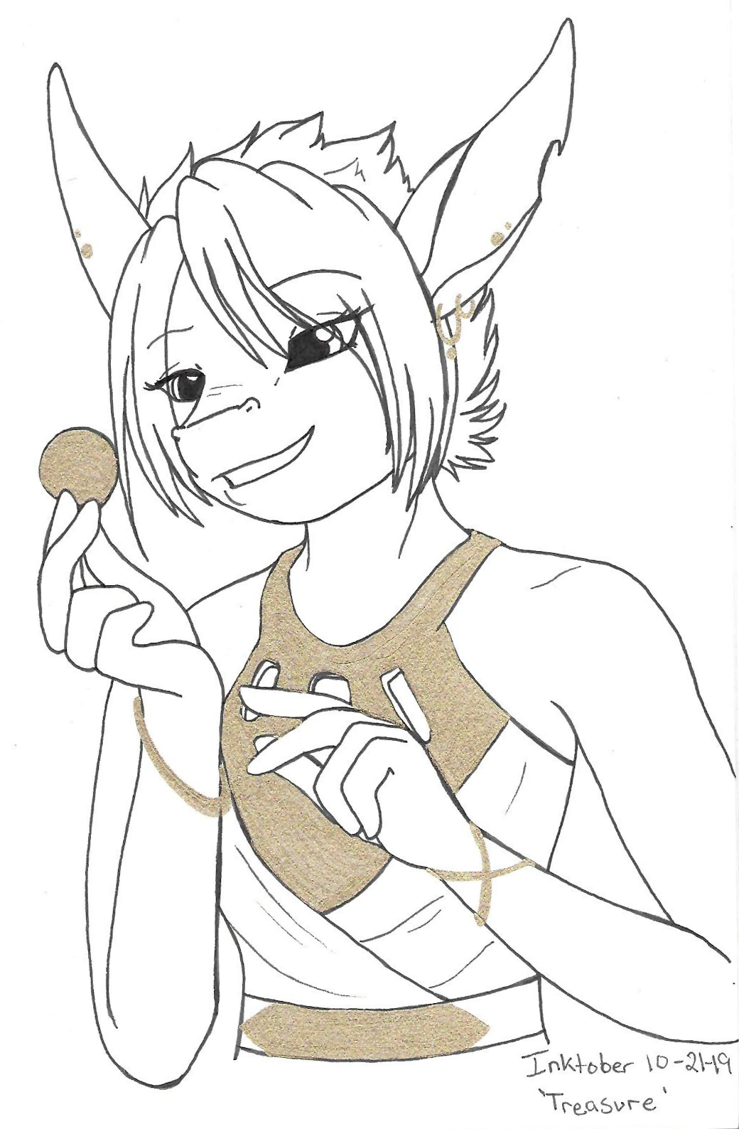 OC-tober art of Hunter, with the prompt Treasure. She's my little treasure hunter, someone who obsesses over gold, wealth. It was nice giving this drawing a pop of gold with a metallic marker.