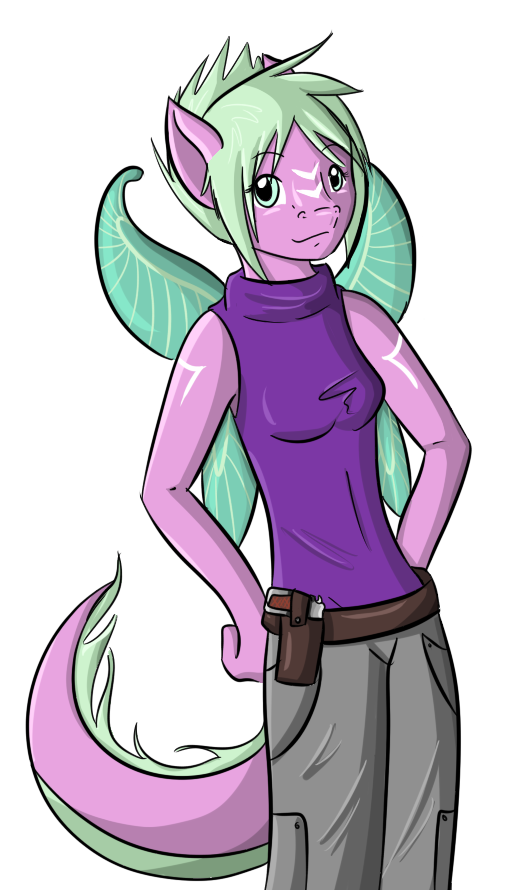 Hunter's first concept, based on a faerie krawk, hence the color scheme. I always imagined her being a petite yet reckless character, who would be knocked back if she tried to fire a gun, which was actually inspired by an old video.