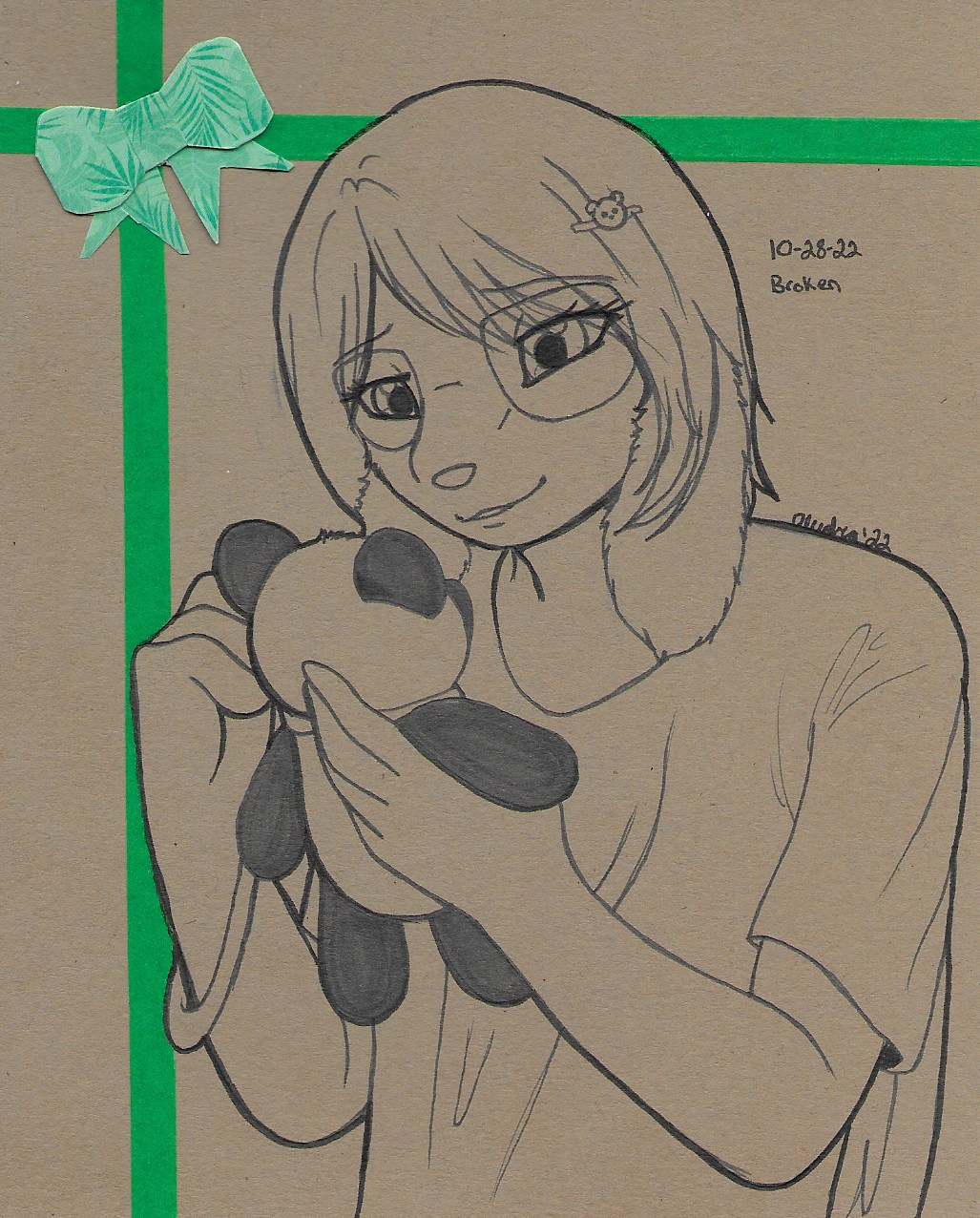 OC-tober art of Illu, with the prompt Broken. She is a broken character with a broken past, who makes plushies to gift to kids so they don't have to feel alone like she did.
