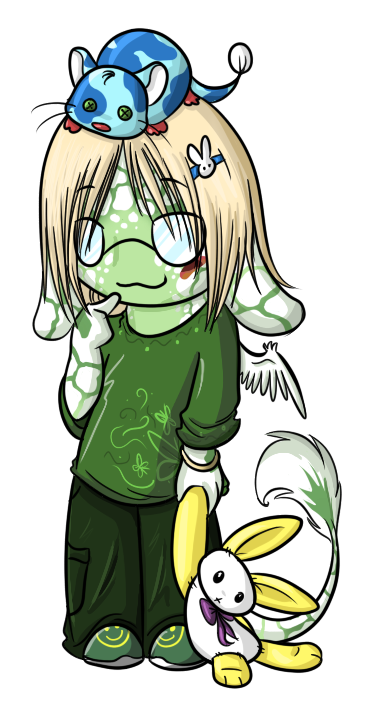 My first concept of Illu as a chibi, always obsessed with plushies from the beginning. The orange cheek mark was meant to be a mishap while painting her on Neopets.