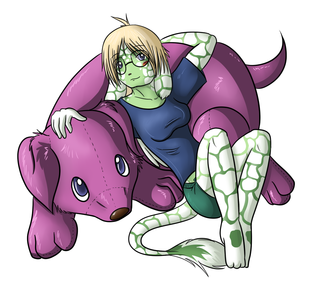 Illu with a giant purple dog plushie. If she had the space, she probably would've had several of these.