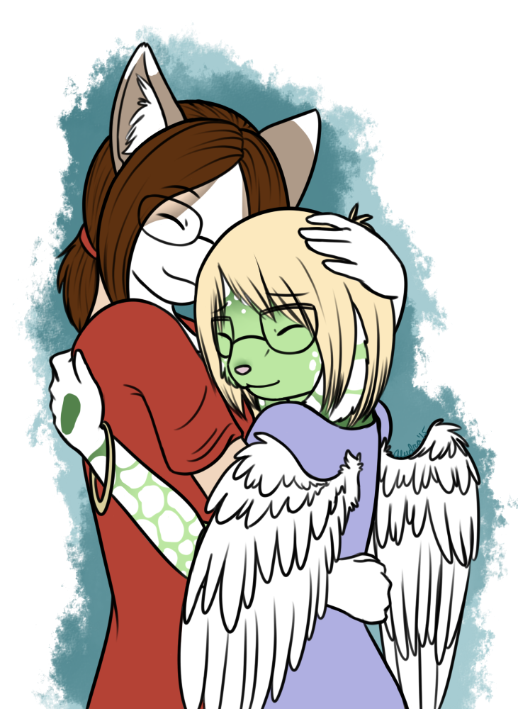 My own fursona giving Illu a little hug. She's been one of my favorites (don't tell the others) and had been through a lot in the past.